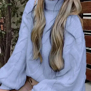 Blue Casual Women's High Collar Sweater